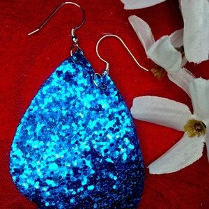 Leather Blue Glitter Earrings NWOT